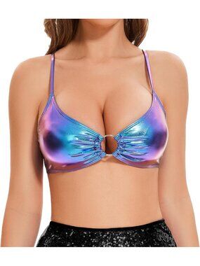 Women's Blue Metallic Bra Tops Shiny Bralette Rave Crop Top with Metal Ring